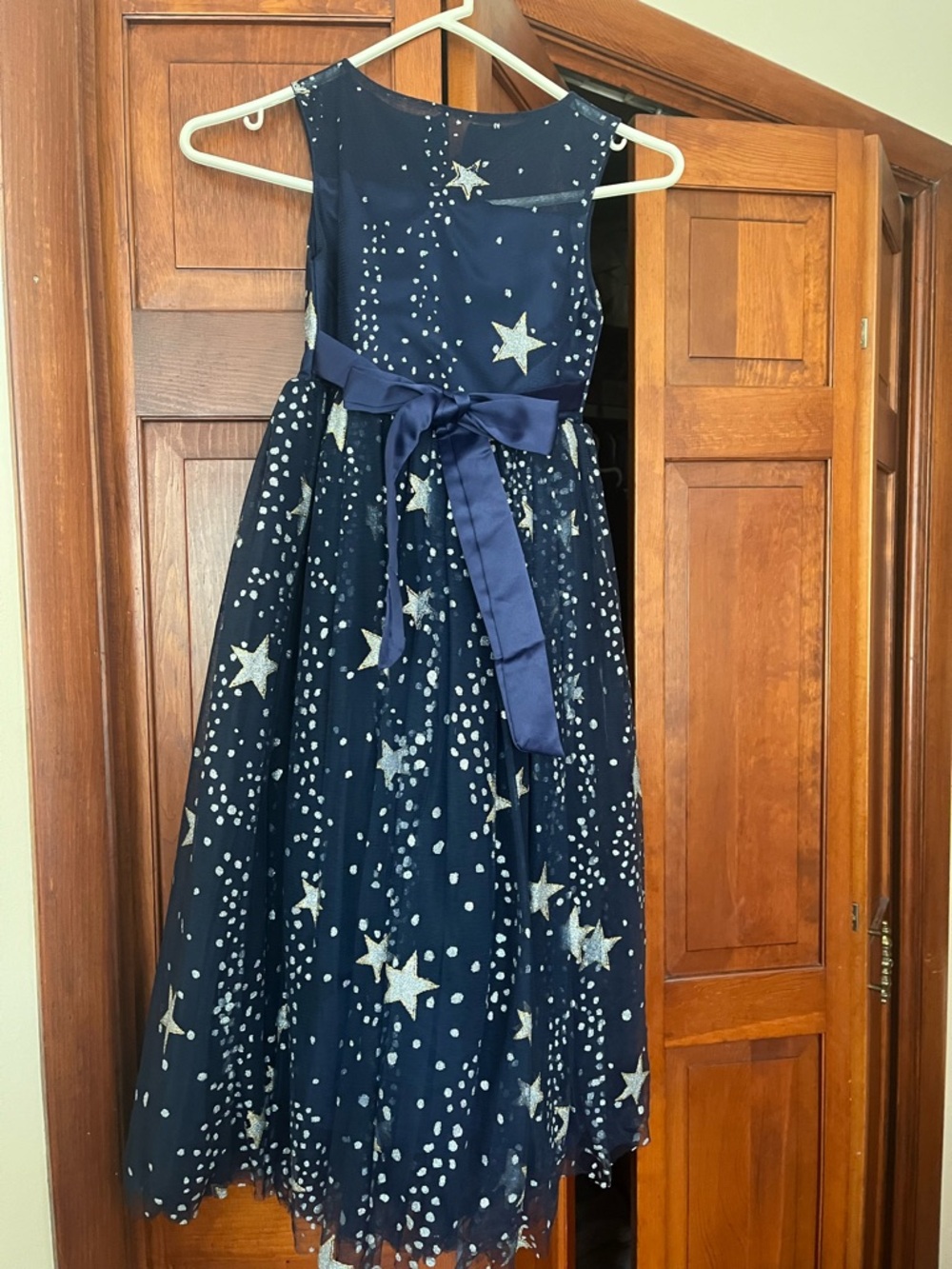 Girls' Navy Star Print Tulle Party Dress with Satin Waist Bow